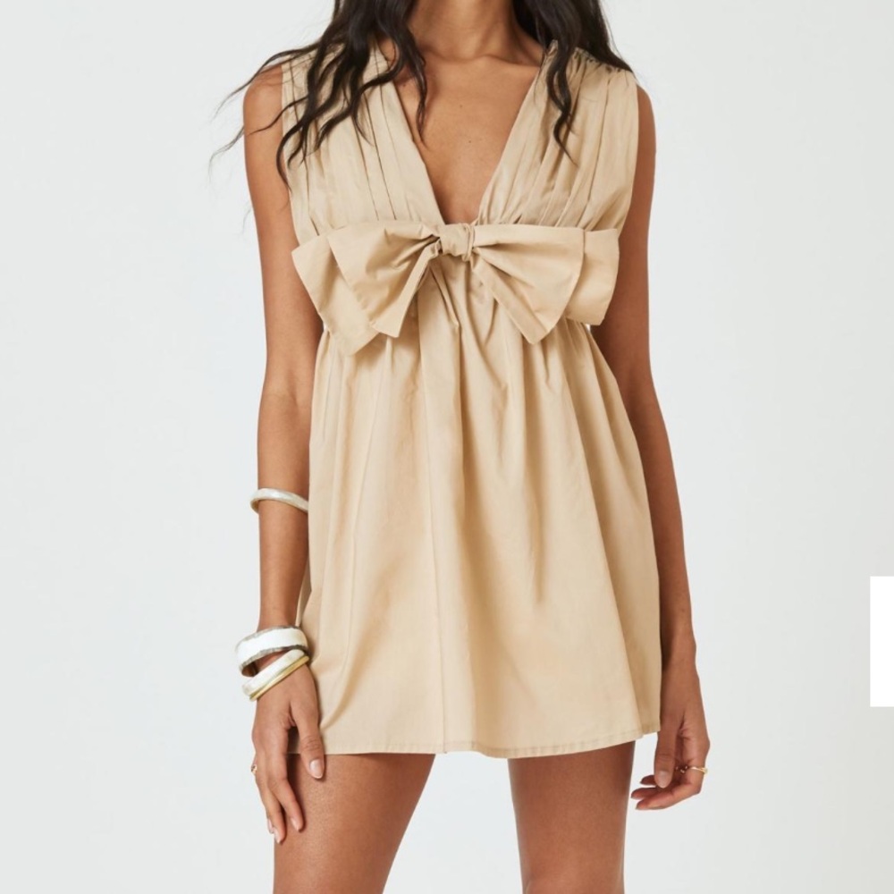 Anthropologie Blue Tassel Sleeveless Poplin Deep V Mini Dress in Beige Size S